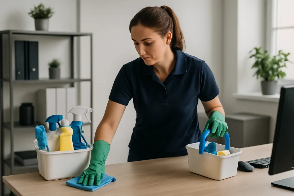 Professionnel du nettoyage s'occupant d'un bureau à Lure, avec un éclairage naturel.