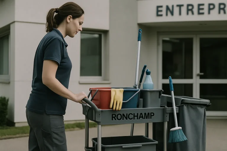 Un agent de nettoyage au travail dans un appartement à Ronchamp, utilisant des produits écologiques.