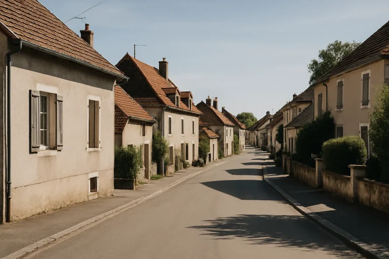 Rue calme en Haute-Saône avec maisons traditionnelles et ciel ensoleillé.