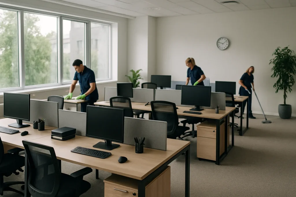 Bureau moderne à Vesoul avec nettoyage en cours, postes de travail organisés, lumière naturelle.