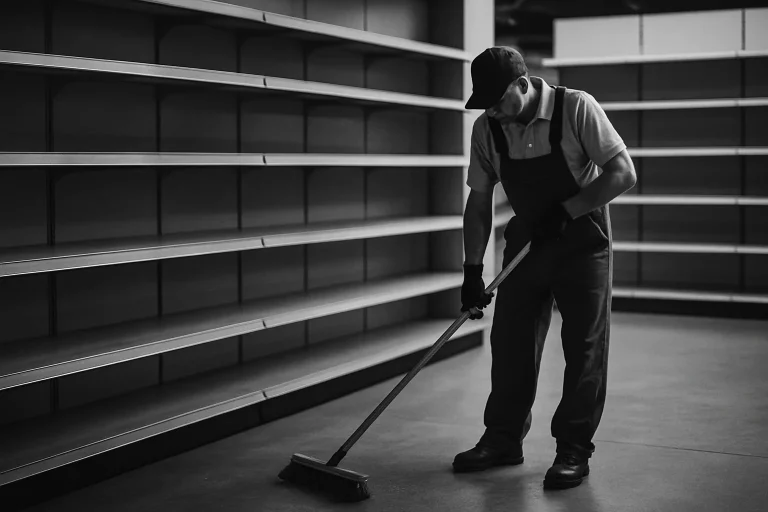 Employé de nettoyage balayant un espace commercial vide à Vesoul en noir et blanc