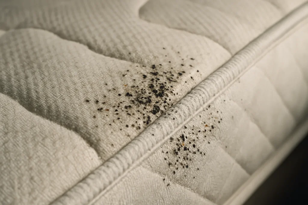 Gros plan détaillé d'un matelas avec des traces de punaises de lit visibles.