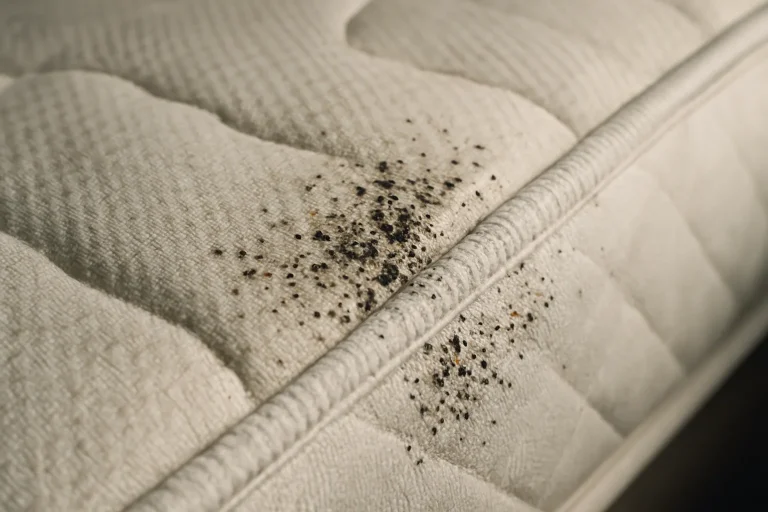 Gros plan détaillé d'un matelas avec des traces de punaises de lit visibles.