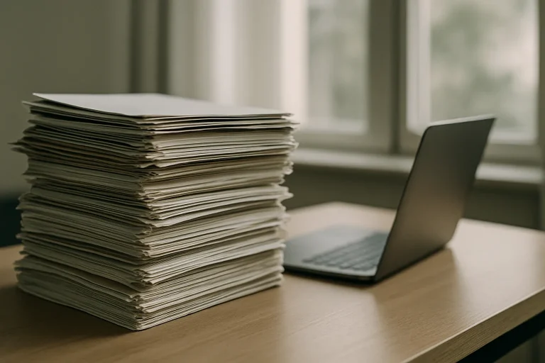 Pile de documents et ordinateur portable sur une table de bureau, éclairage naturel