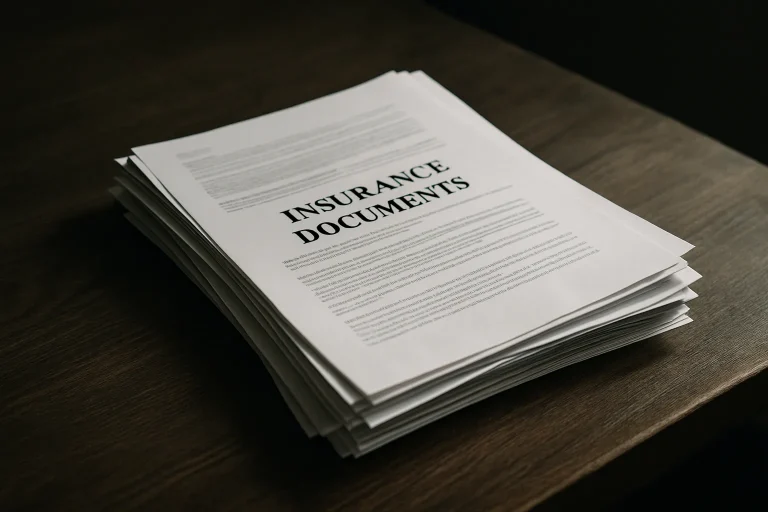 Pile de documents d'assurance sur une table en bois avec lumière latérale douce
