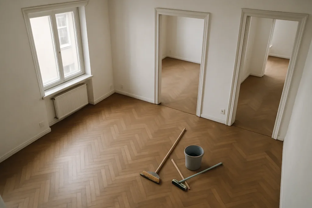 Appartement vide avec sols en bois et murs blancs, outils de nettoyage au sol.