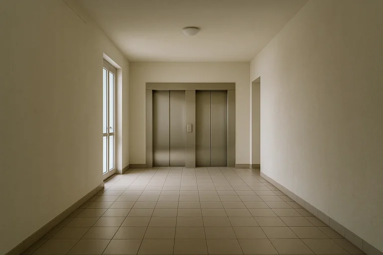 Hall d'immeuble avec sols et murs propres, lumière douce, perspective centrale