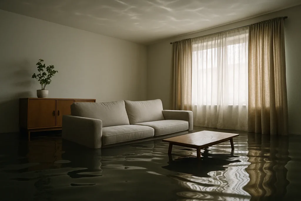Salon inondé avec meubles flottant et rideaux trempés, reflets au plafond.
