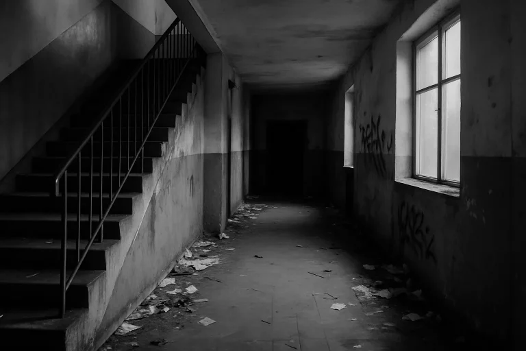 Hall d'immeuble en noir et blanc avec traces de squat, lumière naturelle.