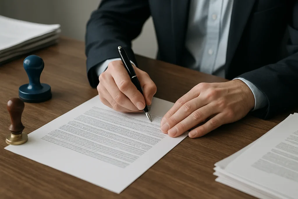 Notaire en Haute-Saône signant un document pour mandater une société de débarras