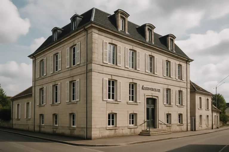 Vue extérieure d'un bâtiment administratif en Haute-Saône sous un ciel nuageux.