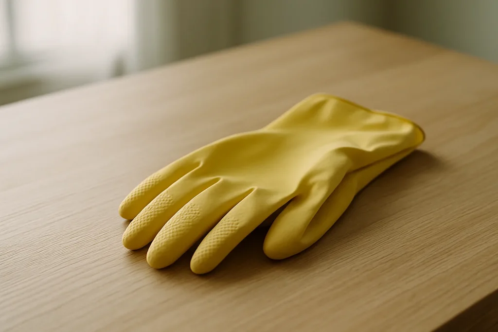 Gros plan sur des gants de nettoyage posés sur une table en bois, éclairés par une lumière naturelle douce.