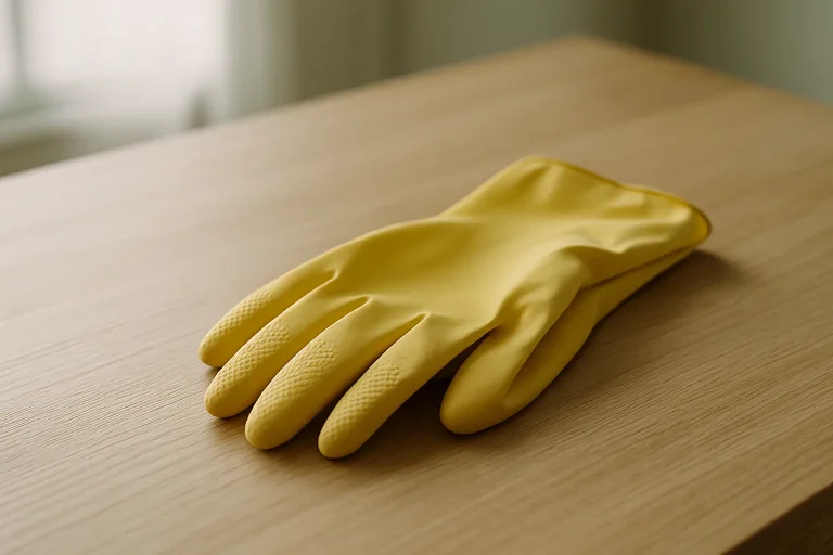 Gros plan sur des gants de nettoyage posés sur une table en bois, éclairés par une lumière naturelle douce.