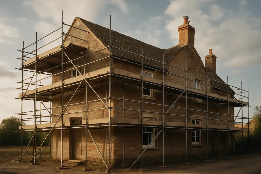 Maison ancienne entourée d'échafaudages pour rénovation, vue extérieure.