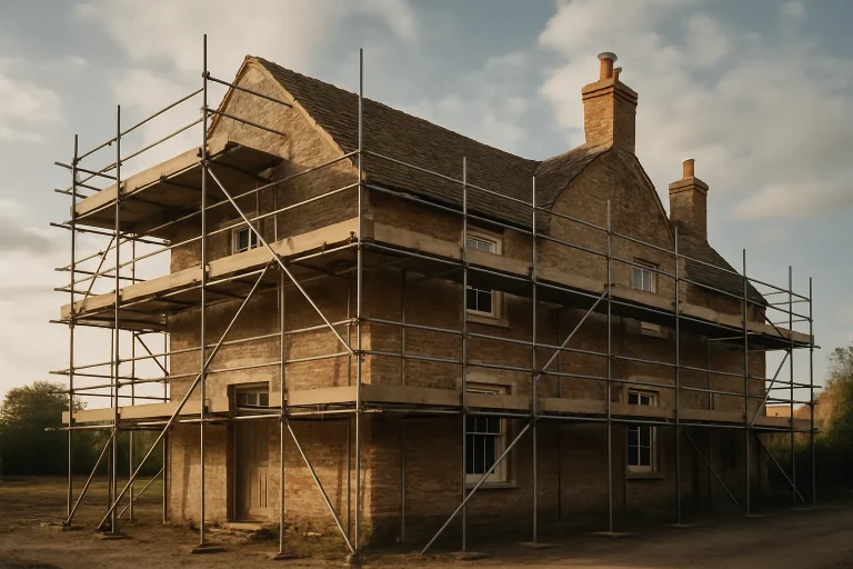 Maison ancienne entourée d'échafaudages pour rénovation, vue extérieure.
