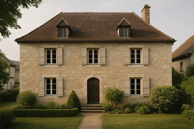 Façade d'une maison à Luxeuil-les-Bains, en pierre, avec jardin, éclairée par une lumière douce.