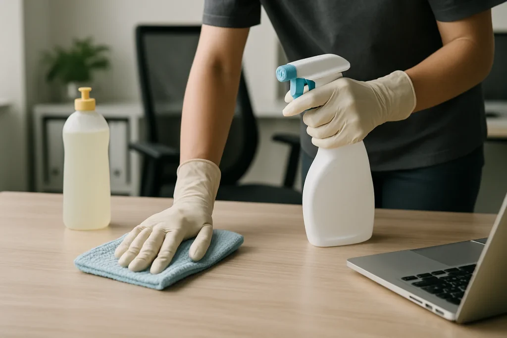 Mains en gants nettoyant un bureau moderne avec des produits, lumière neutre
