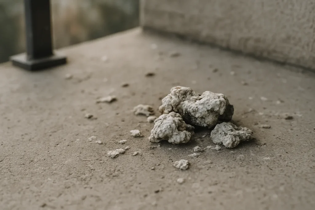 Fientes de pigeon séchées sur un balcon en béton, éclairage naturel