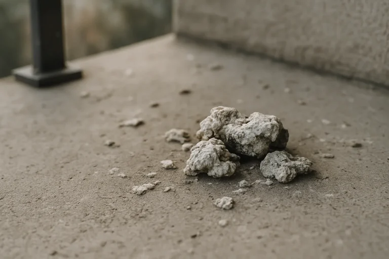 Fientes de pigeon séchées sur un balcon en béton, éclairage naturel