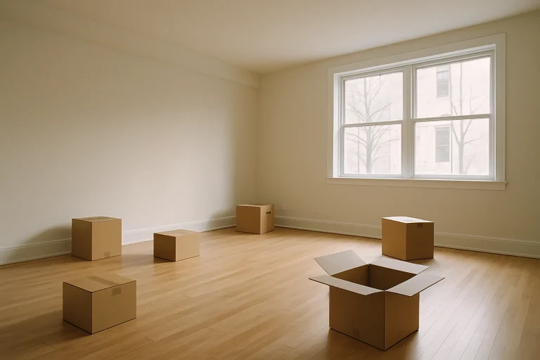 Grande pièce vide avec quelques cartons, lumière douce du matin, espace vaste