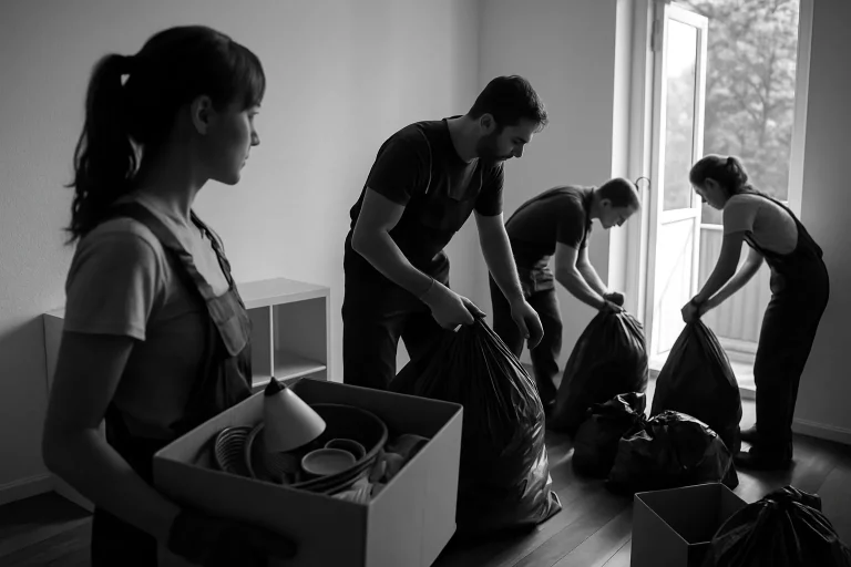 Équipe de nettoyage travaillant dans un appartement vide à Héricourt, en noir et blanc