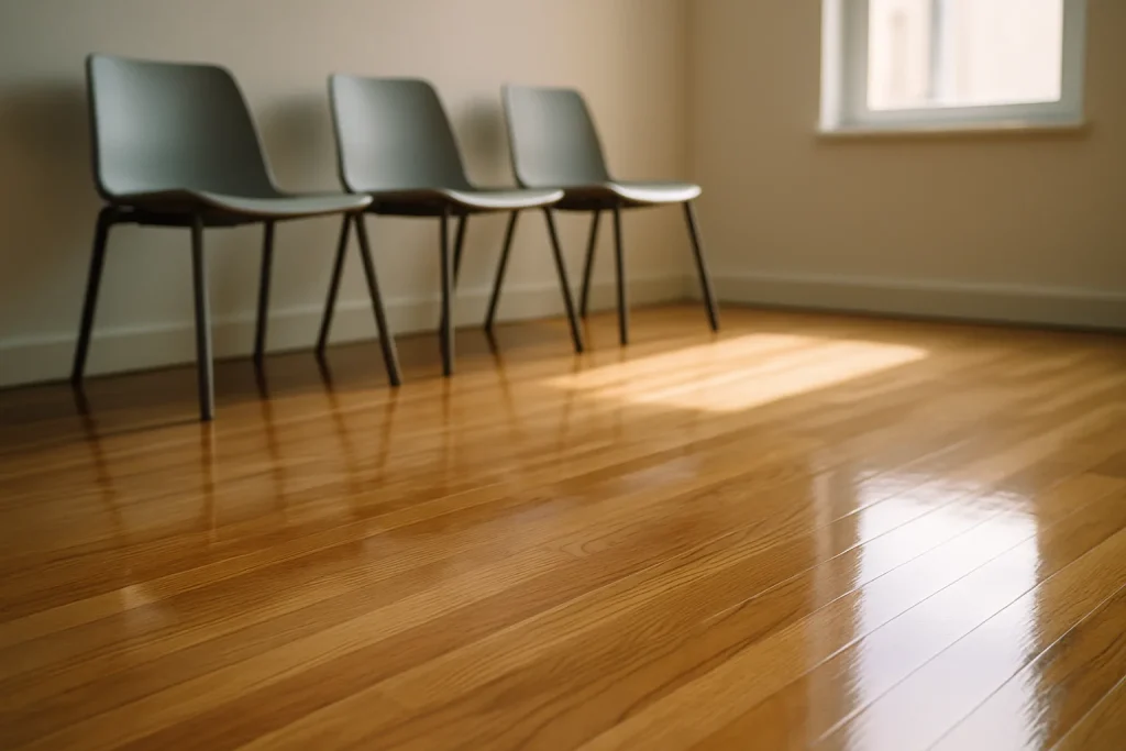 Sol en parquet brillant d'une salle d'attente avec lumière naturelle et chaises modernes.
