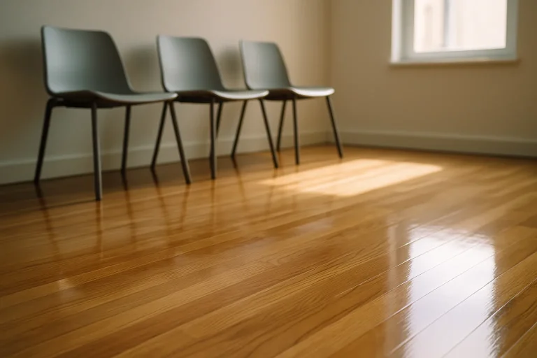 Sol en parquet brillant d'une salle d'attente avec lumière naturelle et chaises modernes.