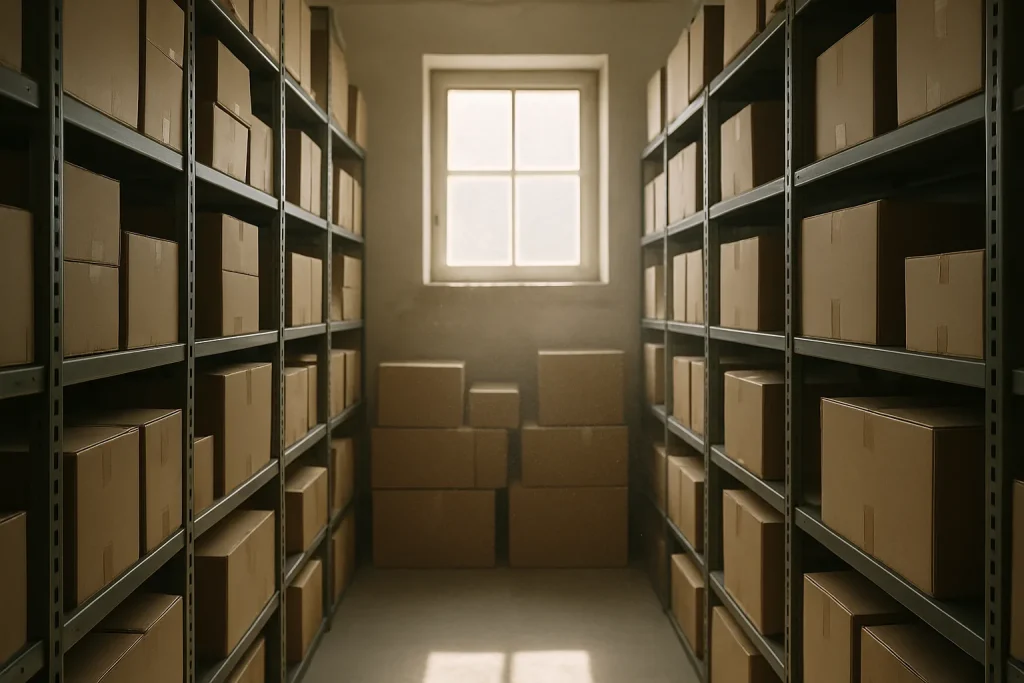 Réserve de magasin avec étagères chargées de cartons, lumière douce et poussière visible
