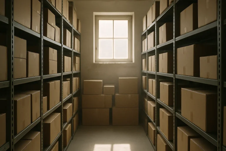 Réserve de magasin avec étagères chargées de cartons, lumière douce et poussière visible