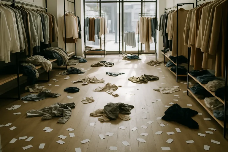 Magasin en désordre avec vêtements et étiquettes au sol après une période de soldes.