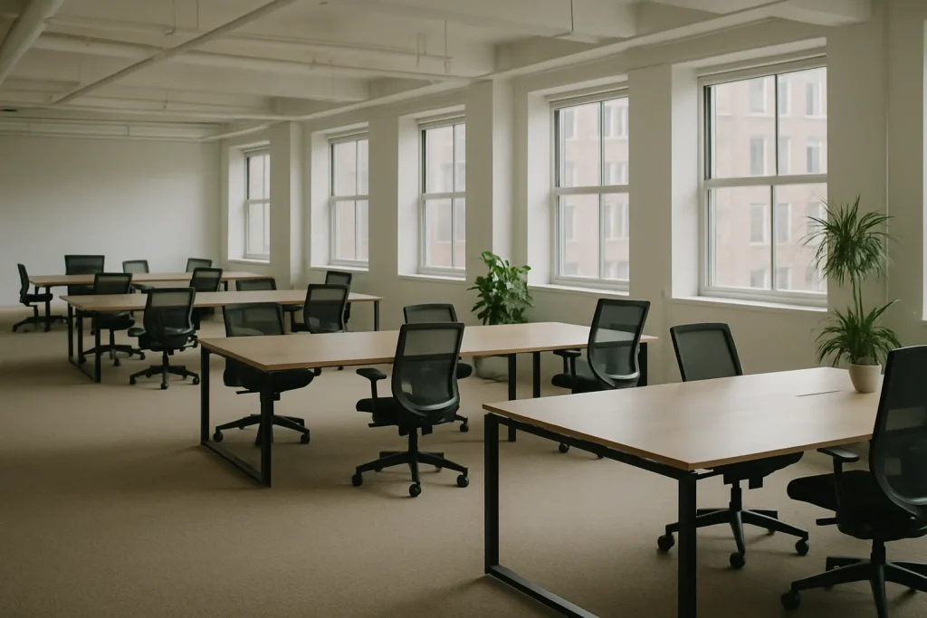 Open space vide avec mobilier de bureau, lumière naturelle entrant par les fenêtres.
