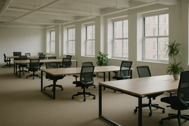 Open space vide avec mobilier de bureau, lumière naturelle entrant par les fenêtres.