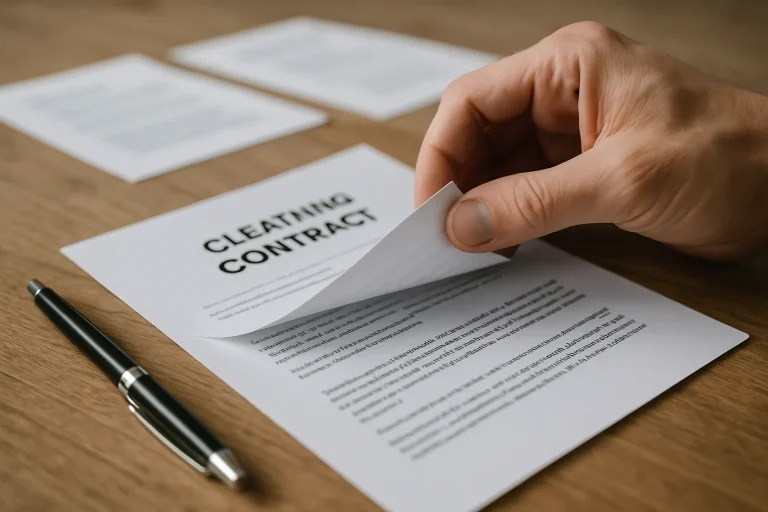 Main feuilletant un contrat de nettoyage sur une table en bois avec un stylo.