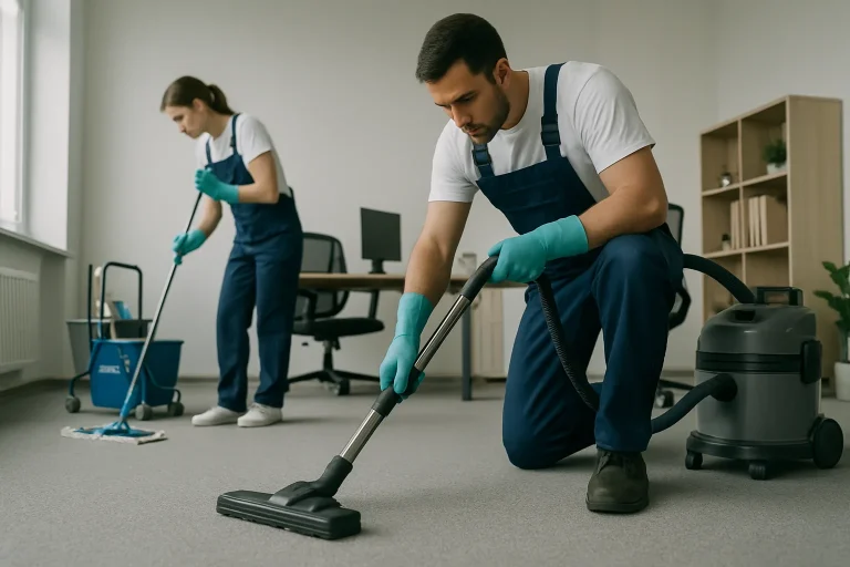 Techniciens nettoyant un local professionnel avec des équipements, lumière neutre.