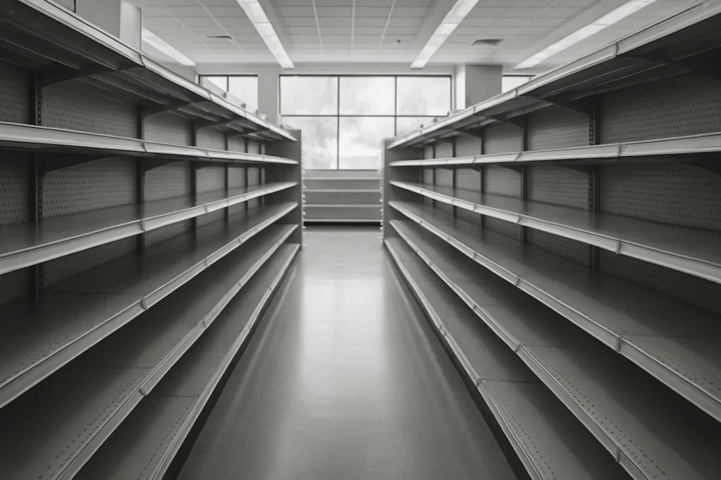 Rayons bien rangés d'un commerce vide, lumière du jour filtrant.