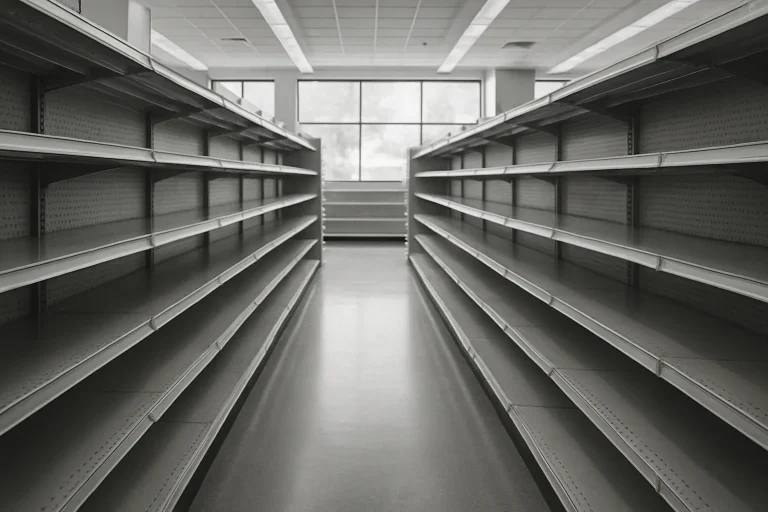 Rayons bien rangés d'un commerce vide, lumière du jour filtrant.