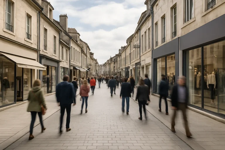Rue piétonne à Vesoul avec passants et vitrines modernes sous une lumière de jour.