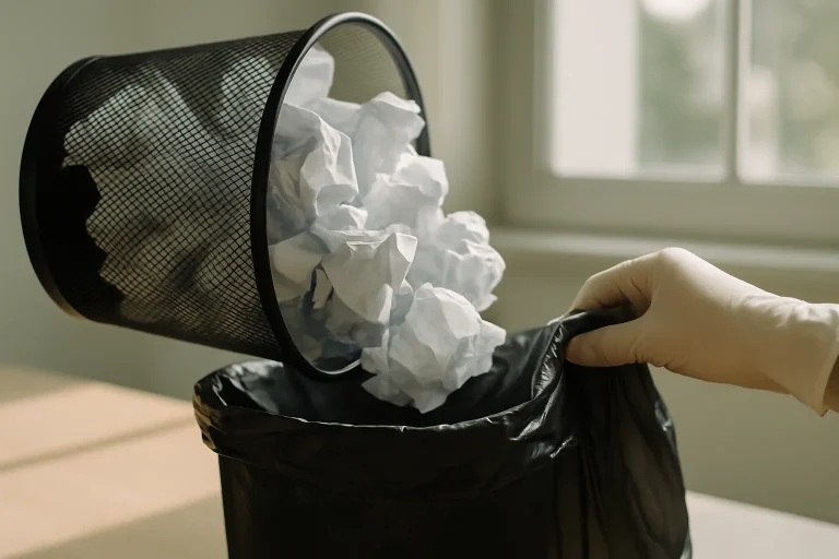 Main gantée vidant une poubelle de bureau, lumière naturelle, papier froissé visible.