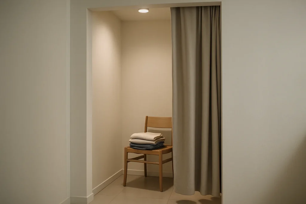 Une cabine d'essayage avec lumière douce, rideau, et vêtements pliés sur une chaise.