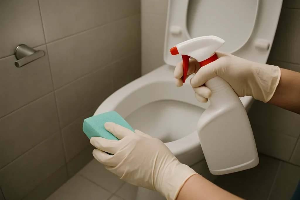 Mains gantées nettoyant les sanitaires d'un local professionnel avec des produits désinfectants