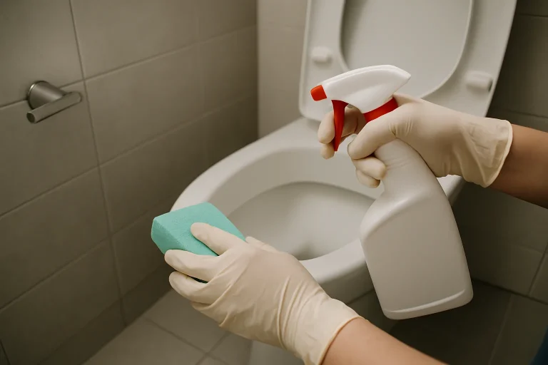 Mains gantées nettoyant les sanitaires d'un local professionnel avec des produits désinfectants