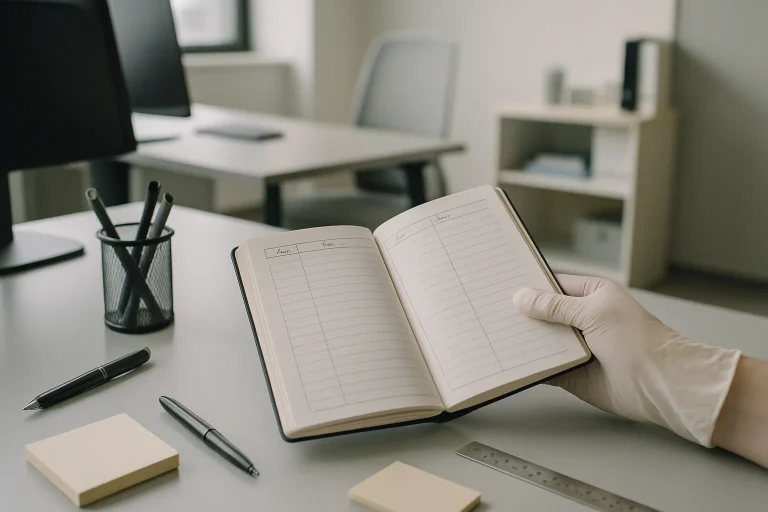 Main gantée tenant un cahier de passage ouvert sur un bureau avec stylos et fournitures.