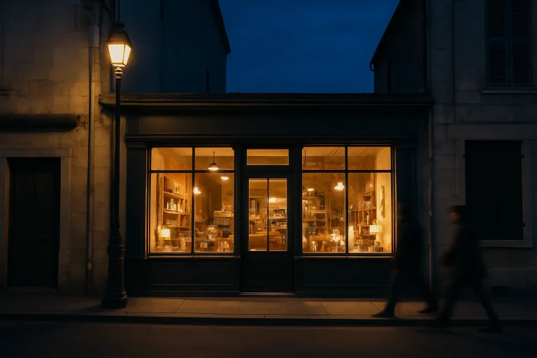 Devanture éclairée d'un commerce à Gray le soir, passants flous.