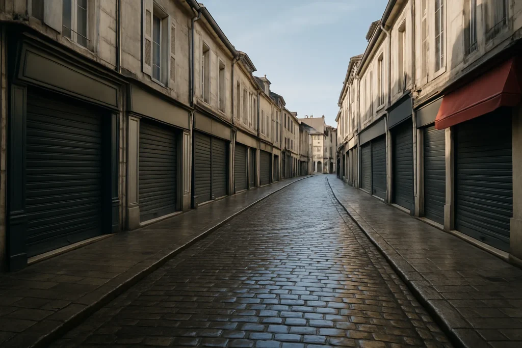 Rue de Vesoul avec commerces fermés, pavés humides, ciel clair du matin