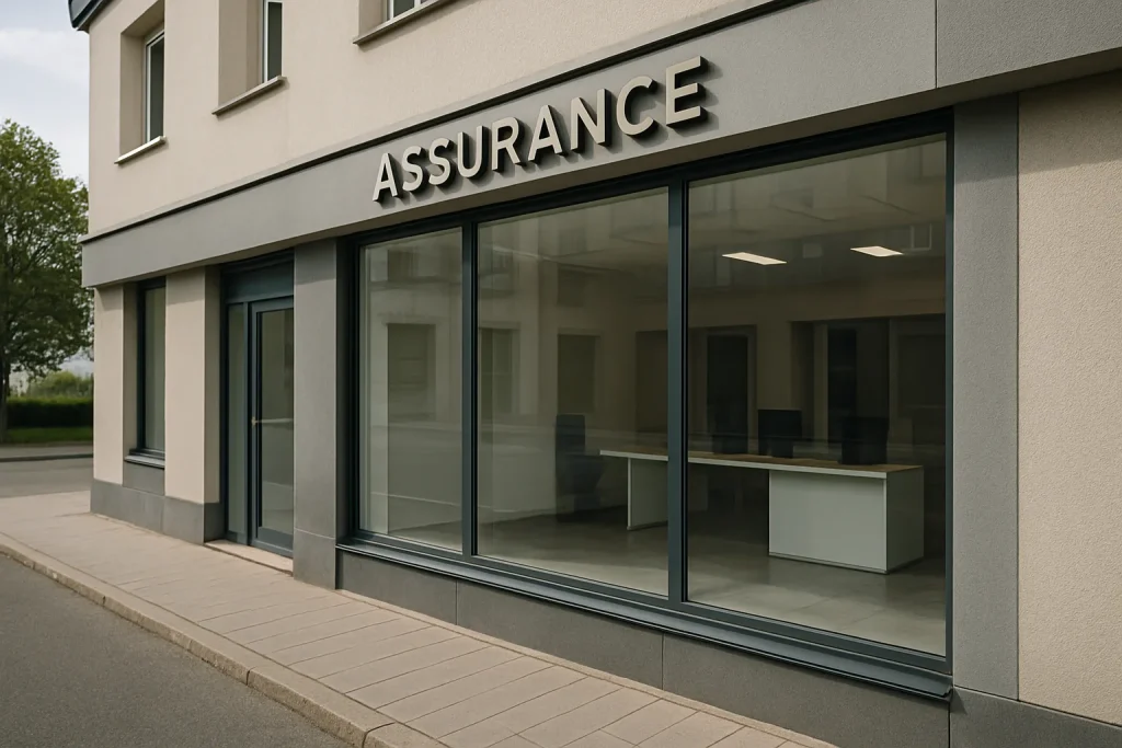 Façade moderne d'un cabinet d'assurance à Héricourt avec vitrines et trottoir propre