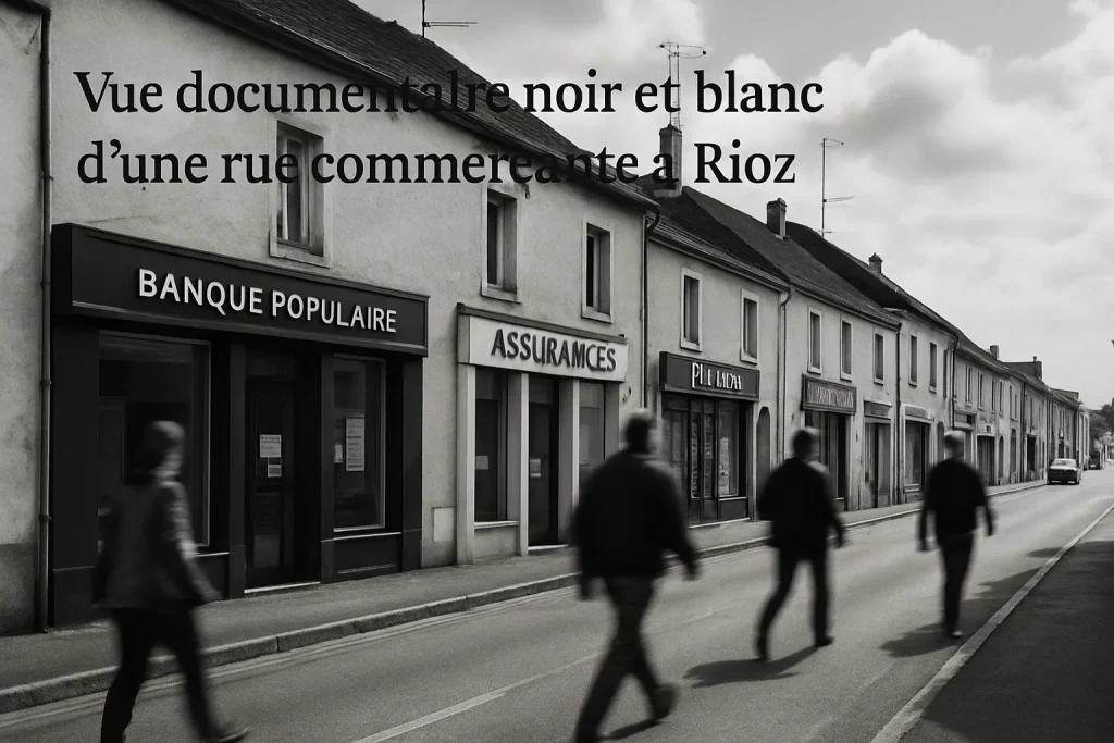 Rue commerçante de Rioz en noir et blanc avec petites agences et passants flous.