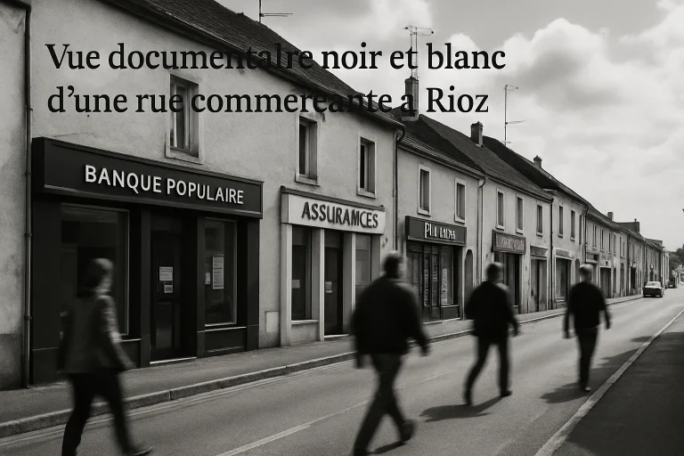 Rue commerçante de Rioz en noir et blanc avec petites agences et passants flous.