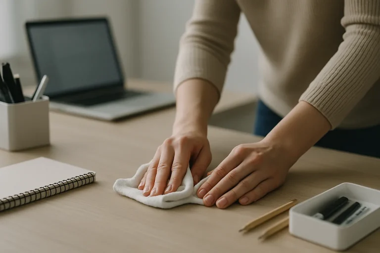 Mains nettoyant un bureau avec papeterie et ordinateur en arrière-plan.