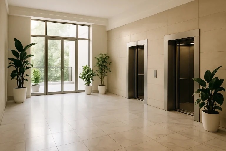 Vue d'un hall d'immeuble lumineux avec sol en marbre et plantes vertes