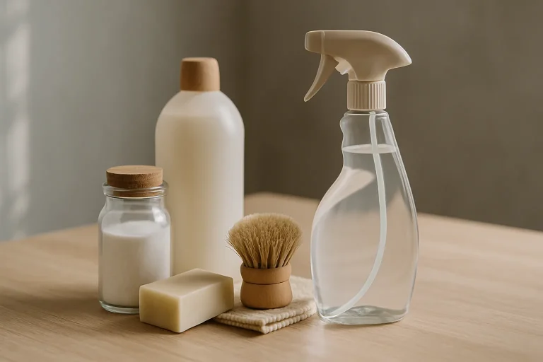 Divers produits de nettoyage écologiques sur une table en bois, lumière douce